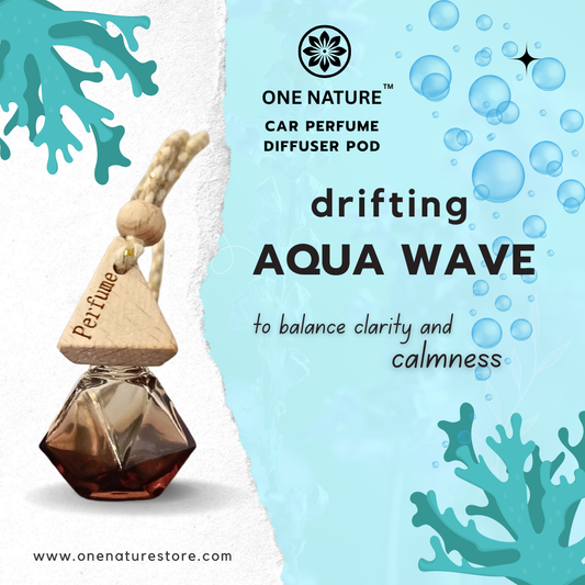 One Nature Car Perfume Diffuser Pod with 'Drifting Aqua Wave' description on a light blue background with ocean-themed graphics.