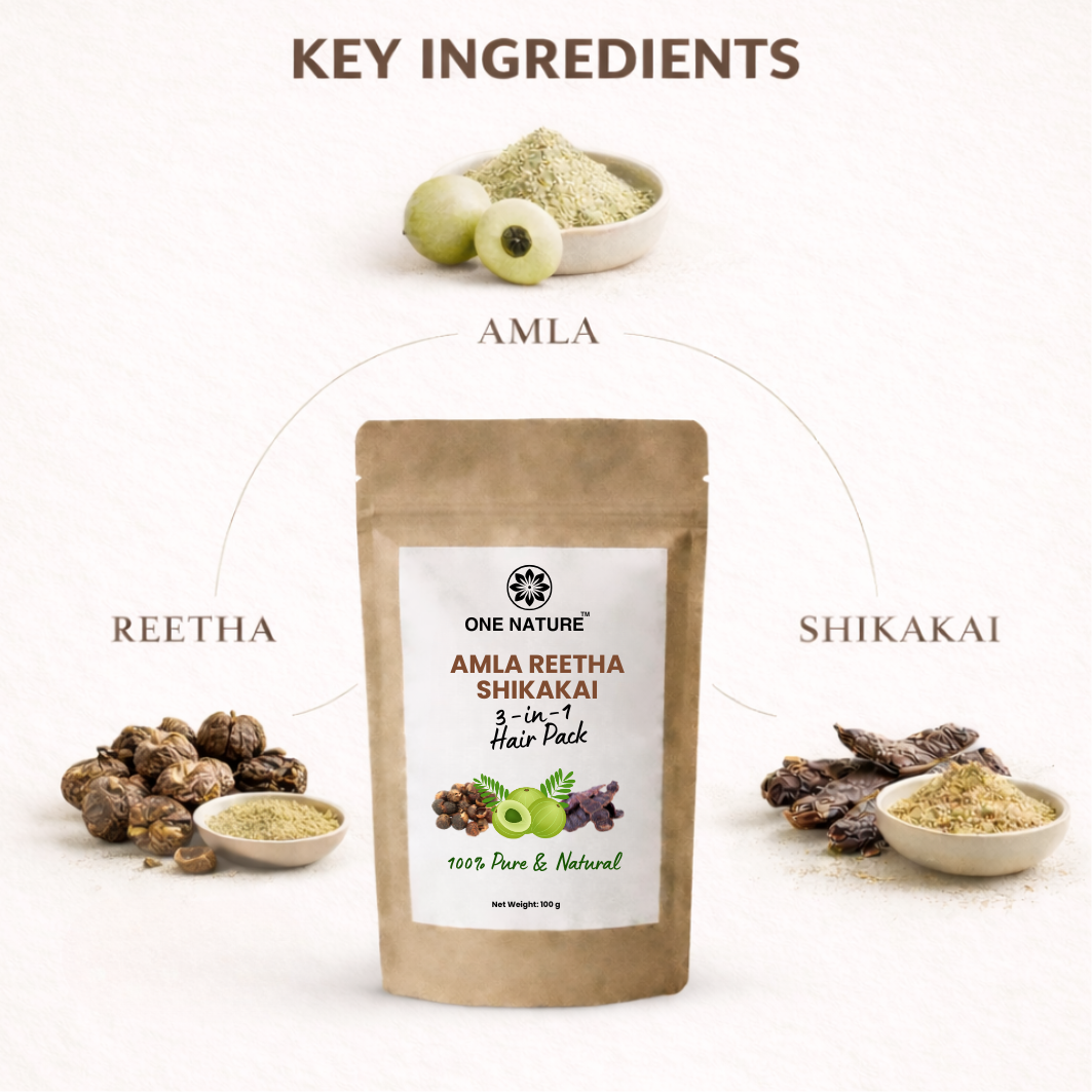 Hair pack product with key ingredients displayed on a white background