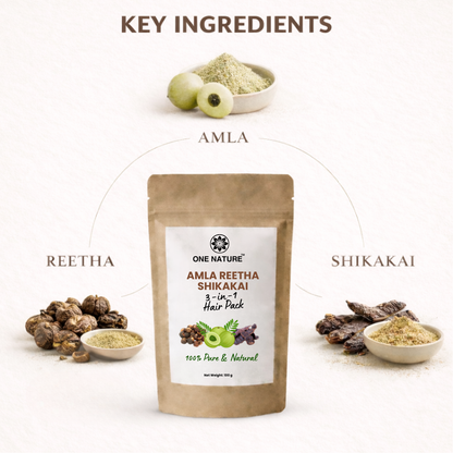 Hair pack product with key ingredients displayed on a white background