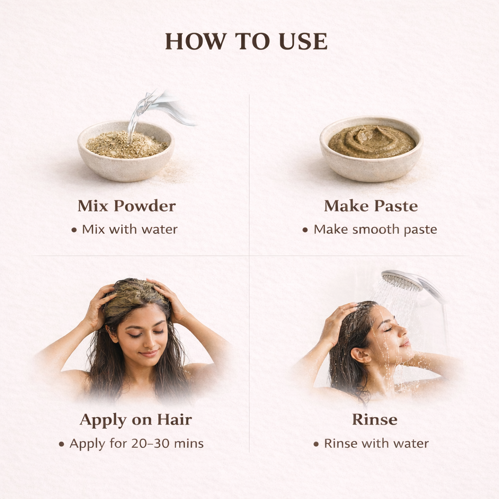Instructions on how to use a hair care product with text and images of a woman applying it.