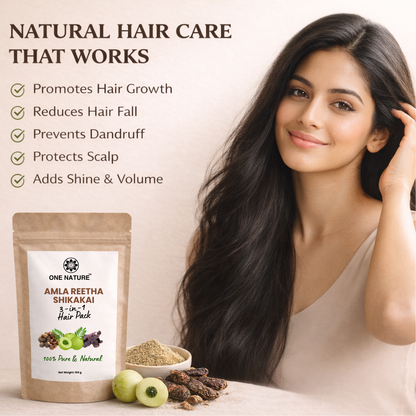 Woman with long hair next to a hair care product package on a beige background