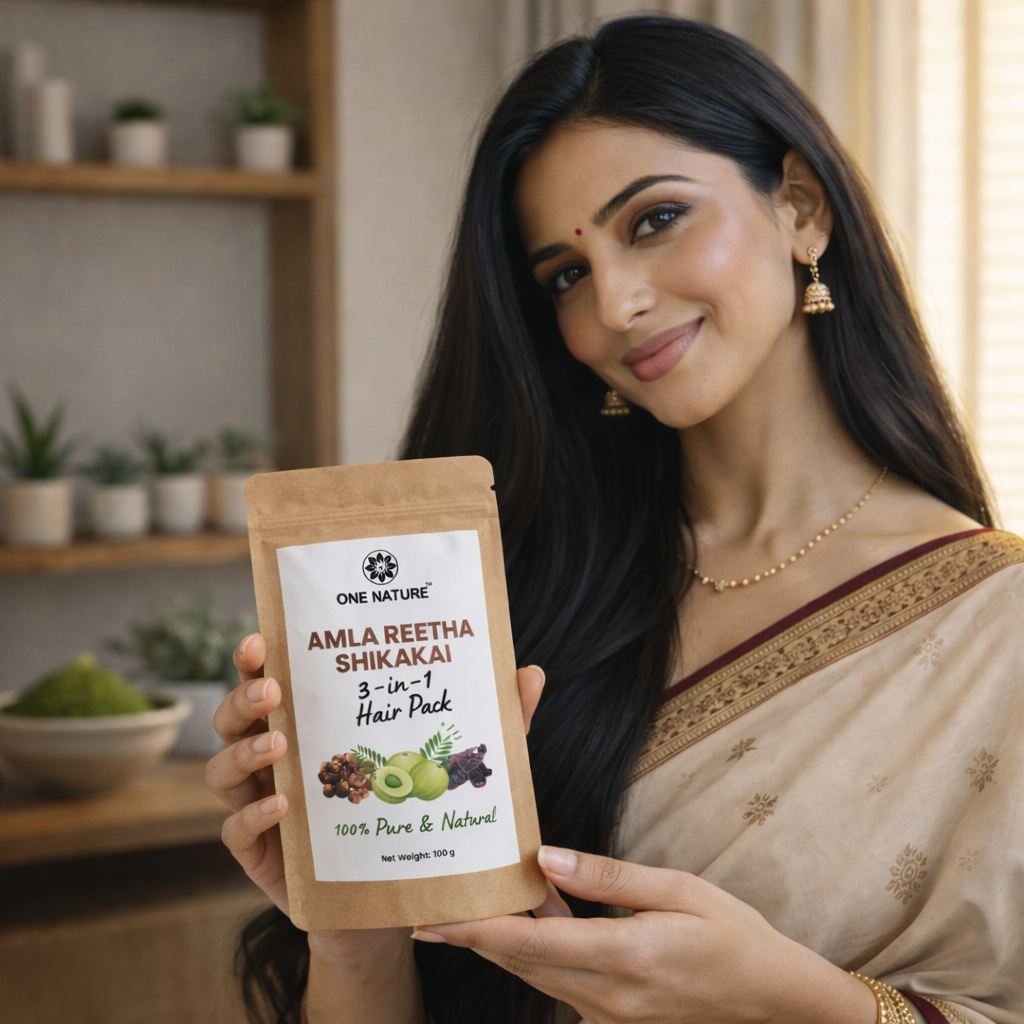 Woman holding a hair pack product with a neutral background