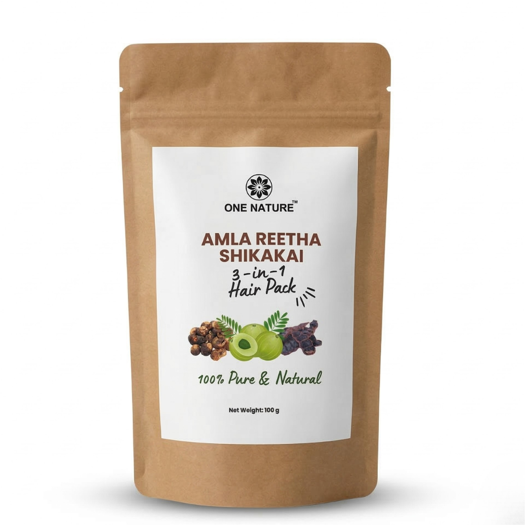 One Nature Amla Reetha Shikakai 3-in-1 Hair Pack on a white background
