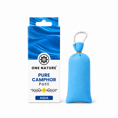 A blue fabric potli bag with a white loop next to its retail packaging box, which features blue waves and the brand name 'ONE NATURE' on a white background.