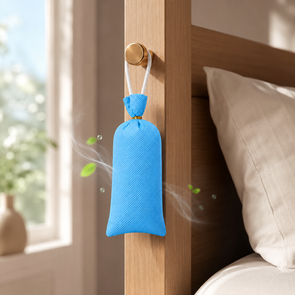 A bright blue fabric air freshener bag with a white hanging loop, hanging from a wooden bed post in a bedroom setting.