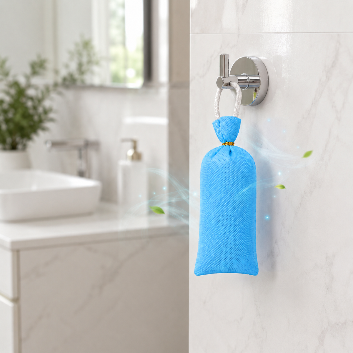 A bright blue fabric air freshener or deodorizer bag hanging from a silver wall hook on a white marble bathroom wall, with a blurred sink and mirror in the background.