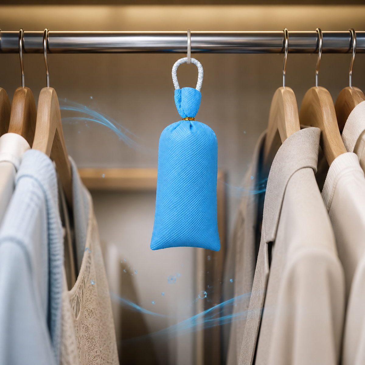 A small blue fabric garment bag with a white hanging loop hangs from a metal closet rod, surrounded by hanging clothes in a softly lit closet. Blue airflow-like graphics are overlaid around the bag.