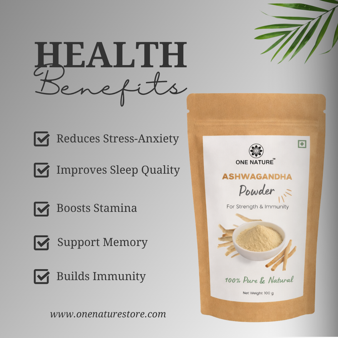 One Nature Ashwagandha Powder package with health benefits listed on a gray background