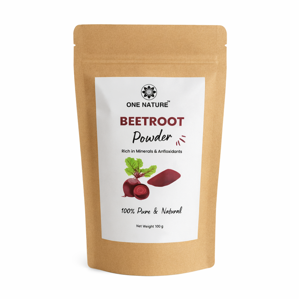 Beetroot powder package with 'One Nature' branding on a white background