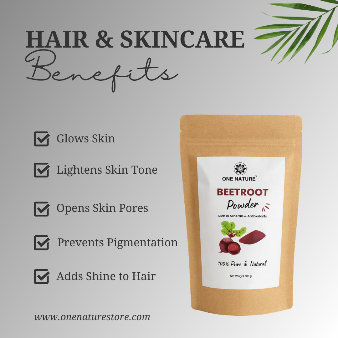 Beetroot powder package with hair and skincare benefits listed on a light gray background