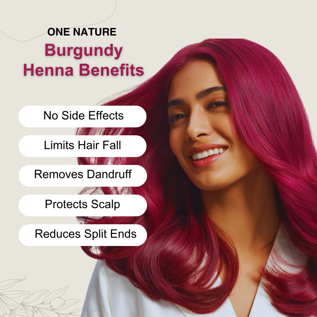 Woman with burgundy hair and text listing benefits of One Nature Burgundy Henna on a light background