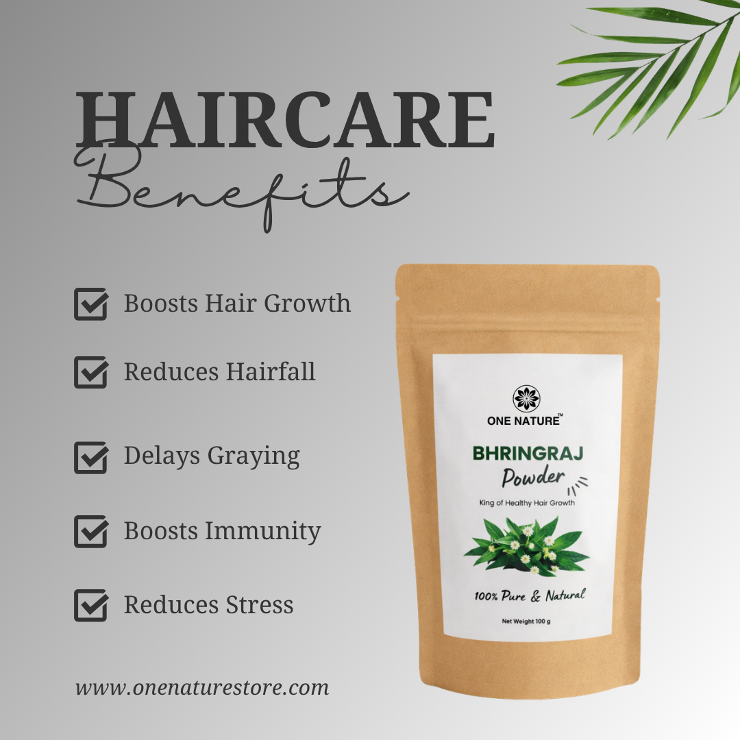 Bhringraj powder package with haircare benefits listed on a light gray background