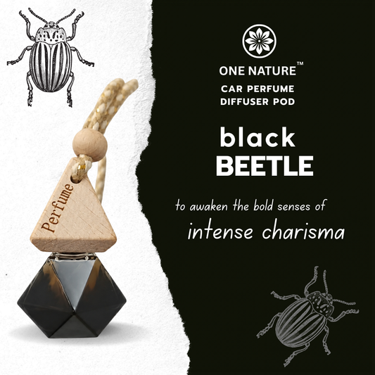 Car perfume diffuser pod with 'One Nature' branding and beetle design on a white and black background.