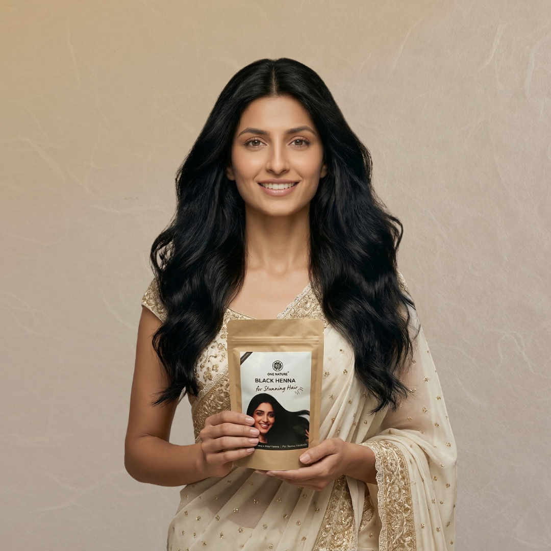 Woman holding a product package with a neutral background