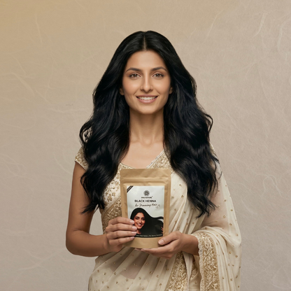 Woman holding a product package with a neutral background