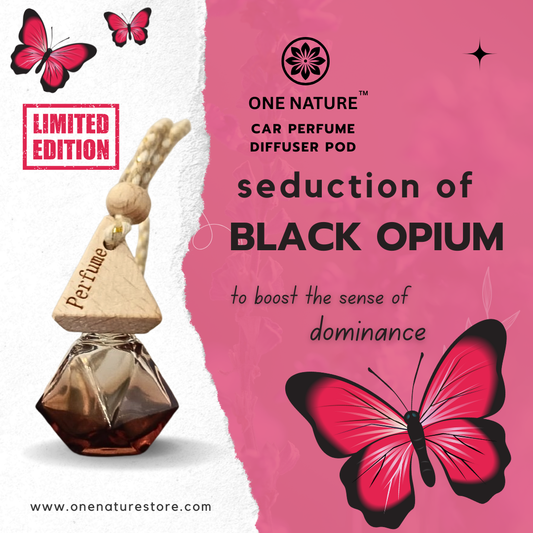One Nature Car Perfume Diffuser Pod for 'Seduction of Black Opium' with butterflies and pink background.