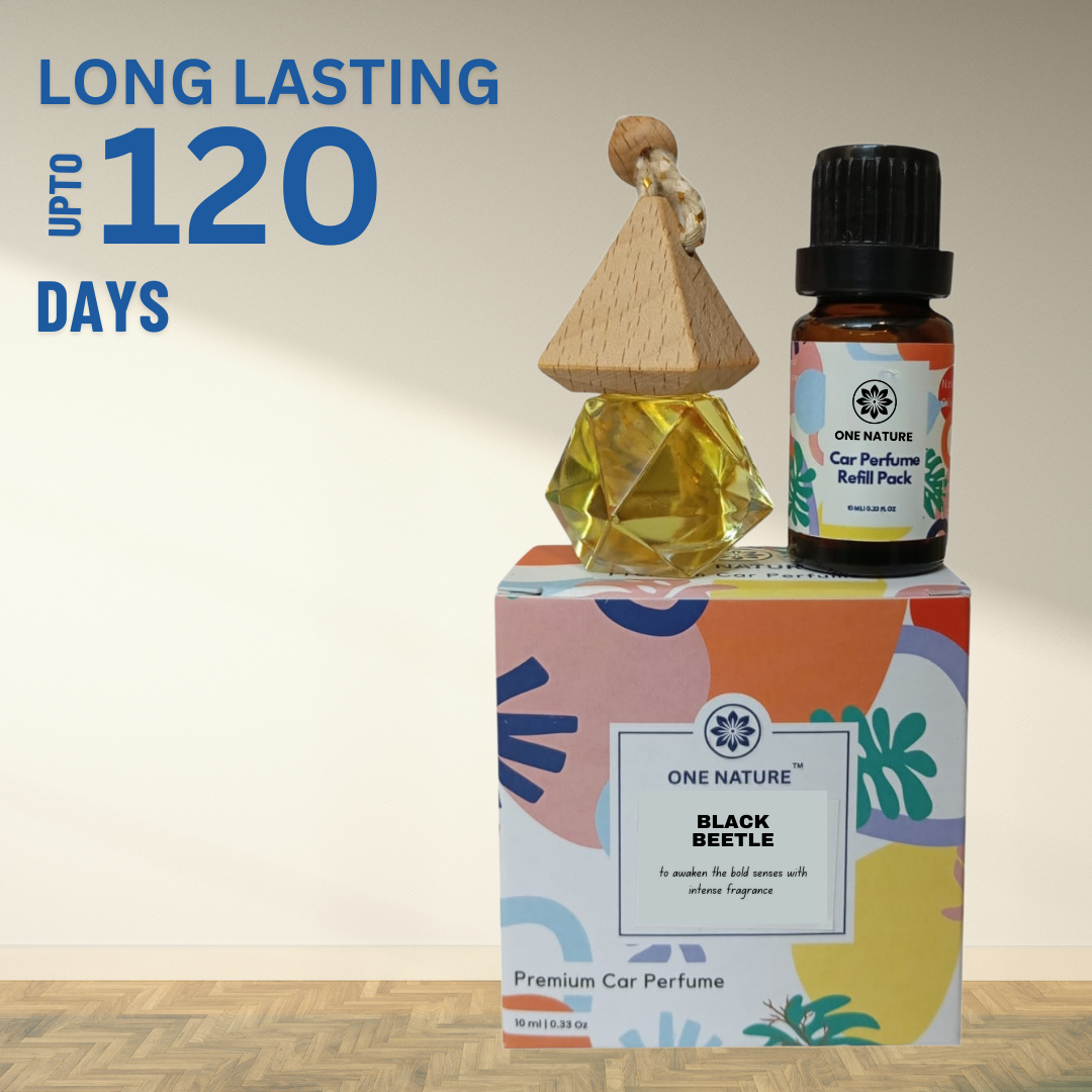 Two car perfumes on a colorful box with 'One Nature' branding, featuring text about longevity.