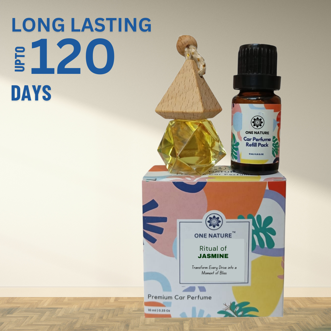 Two car perfumes on a colorful box with 'One Nature' branding, against a neutral background.