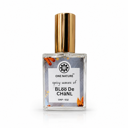 Perfume bottle labeled 'One Nature Spicy Waves of Bloo De ChaNL' on a white background