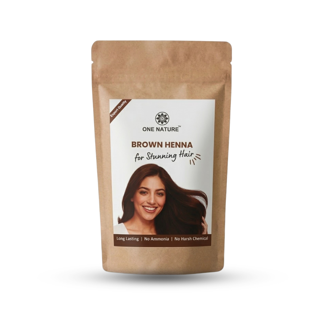 Brown package of One Nature Brown Henna for stunning hair on a white background