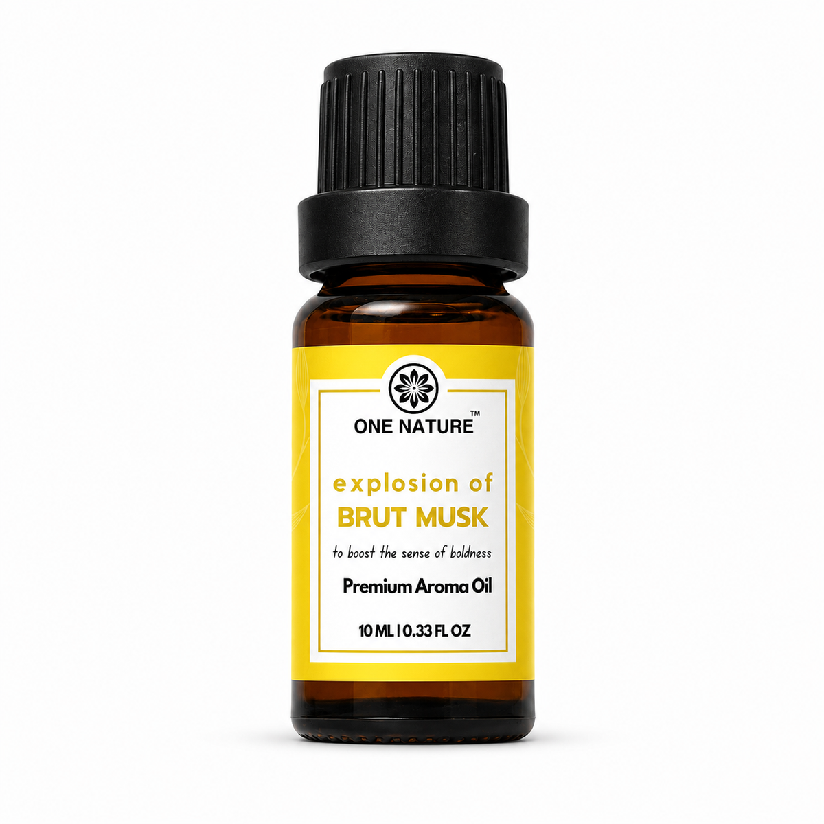 A 10 mL amber glass bottle of One Nature 'explosion of BRUT MUSK' premium aroma oil, featuring a bright yellow label and a black ribbed cap, set against a plain white background.
