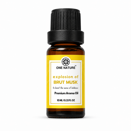 A 10 mL amber glass bottle of One Nature 'explosion of BRUT MUSK' premium aroma oil, featuring a bright yellow label and a black ribbed cap, set against a plain white background.