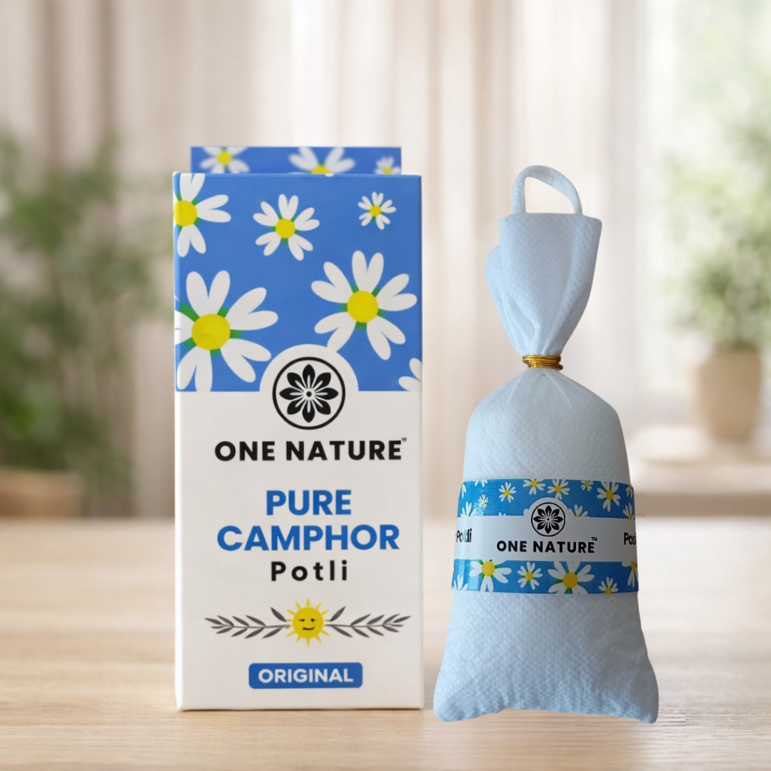One Nature Pure Camphor Potli packaging with a blue and white design on a wooden surface.