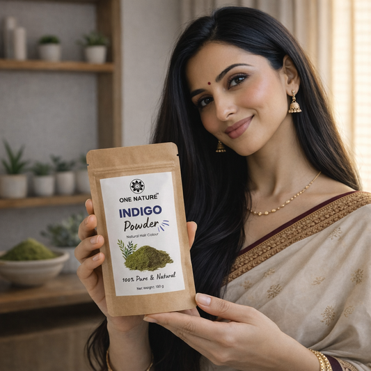 Woman holding a package of One Nature Indigo Powder in a home setting.