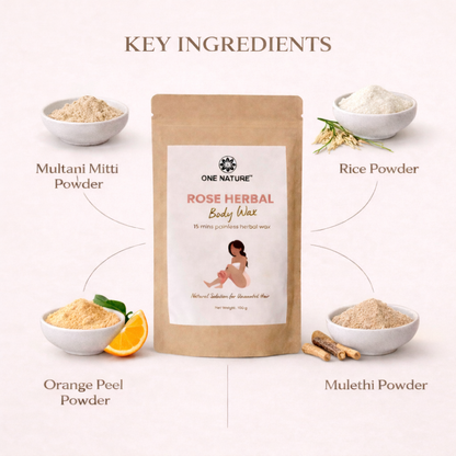 Rose Herbal Body Wax packaging with key ingredients displayed on a white background