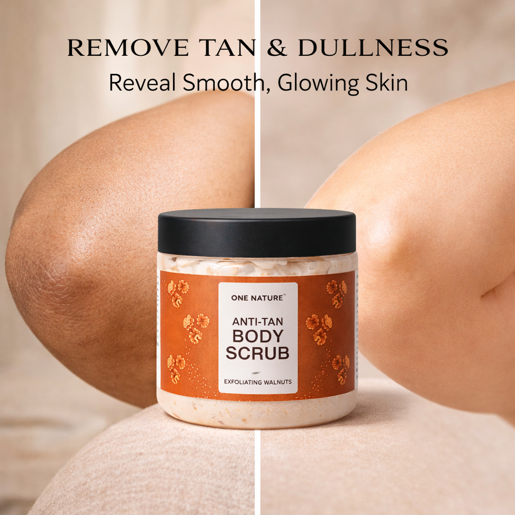 Anti-tan body scrub jar with before and after effects on skin