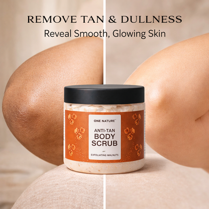 Anti-tan body scrub jar with before and after effects on skin