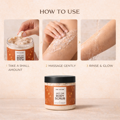 Instructions on how to use a body scrub with a jar of scrub and a person applying it.