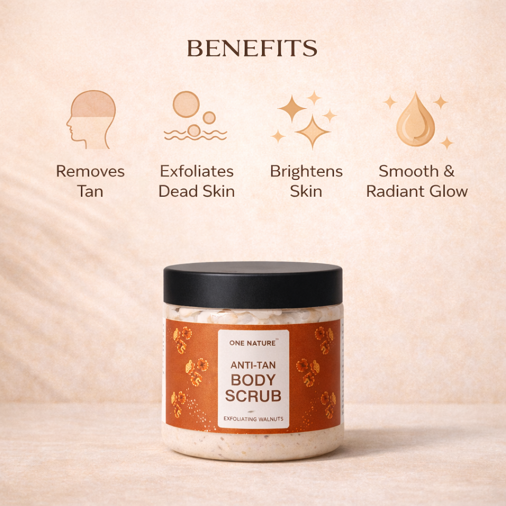 Anti-tan body scrub jar with benefits listed on a beige background