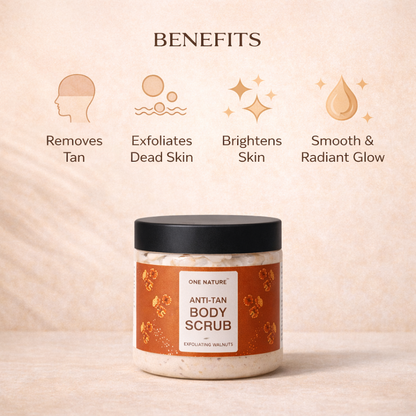 Anti-tan body scrub jar with benefits listed on a beige background