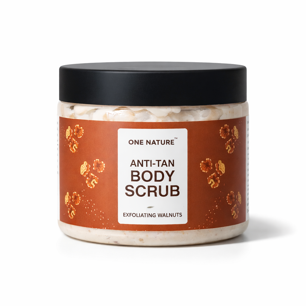 Jar of One Nature Anti-Tan Body Scrub with a black lid on a white background