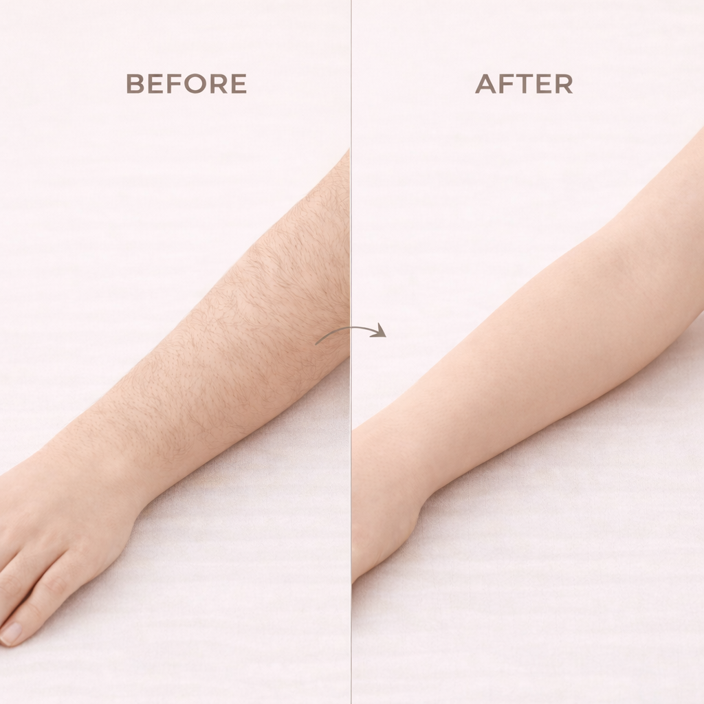 Before and after comparison of an arm with visible skin texture on a plain background