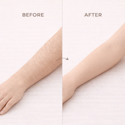 Before and after comparison of an arm with visible skin texture on a plain background