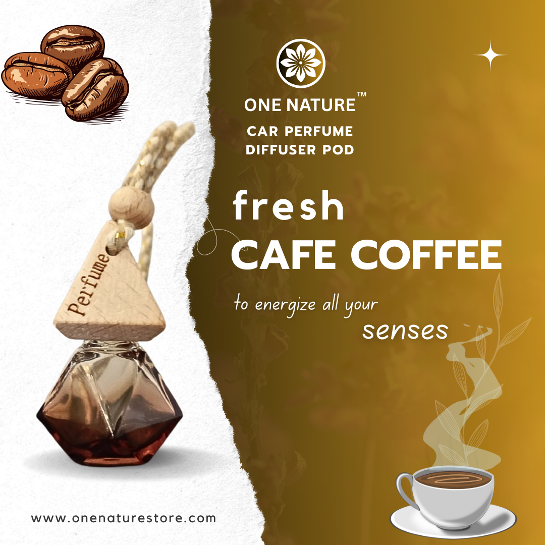 One Nature Car Perfume Diffuser Pod for fresh cafe coffee scent with coffee beans and a cup of coffee on a brown background.