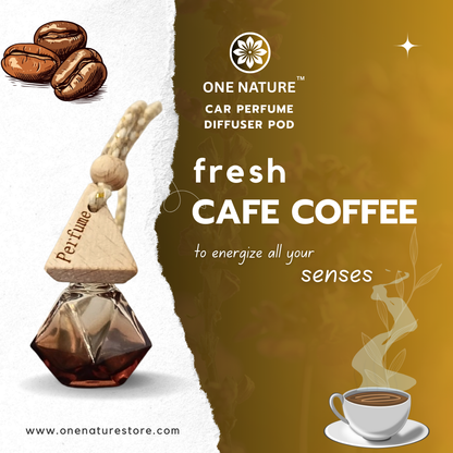 One Nature Car Perfume Diffuser Pod for fresh cafe coffee scent with coffee beans and a cup of coffee on a brown background.