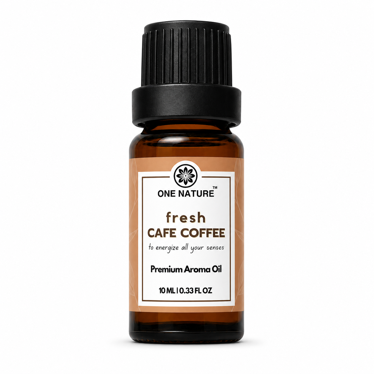 A 10 mL amber glass bottle of One Nature Fresh Cafe Coffee aroma oil with a black ribbed cap and a tan and white label, set against a plain white background.
