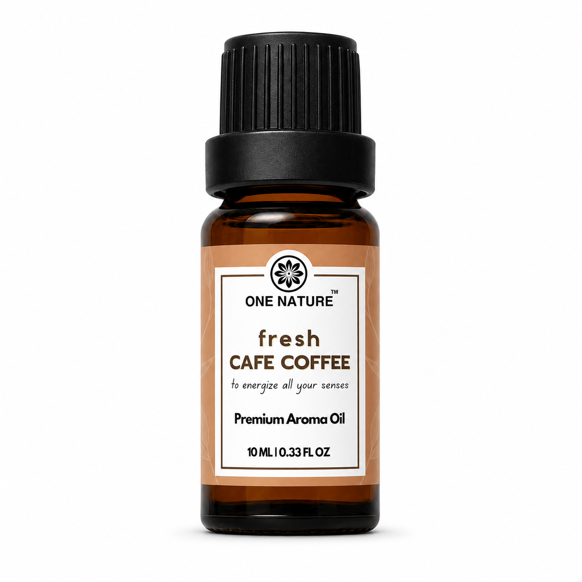 A 10 mL amber glass bottle of One Nature Fresh Cafe Coffee aroma oil with a black ribbed cap and a tan and white label, set against a plain white background.