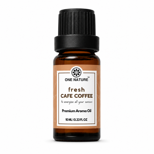 A 10 mL amber glass bottle of One Nature Fresh Cafe Coffee aroma oil with a black ribbed cap and a tan and white label, set against a plain white background.