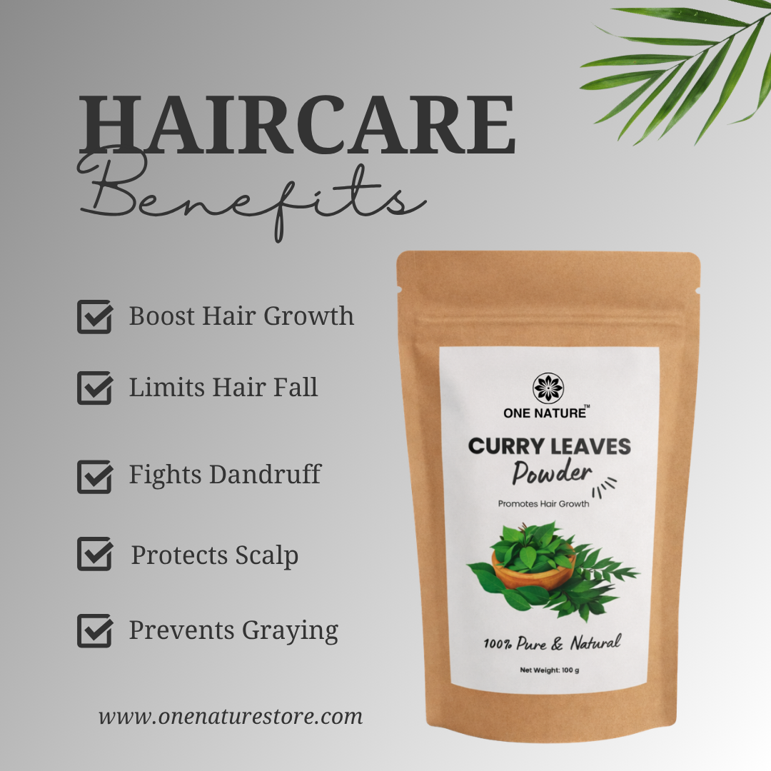 Curry leaves powder packaging with haircare benefits listed on a gray background