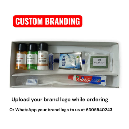 Set of dental care products in a box with branding customization offer.