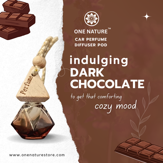 One Nature car perfume diffuser pod with dark chocolate theme and product packaging.