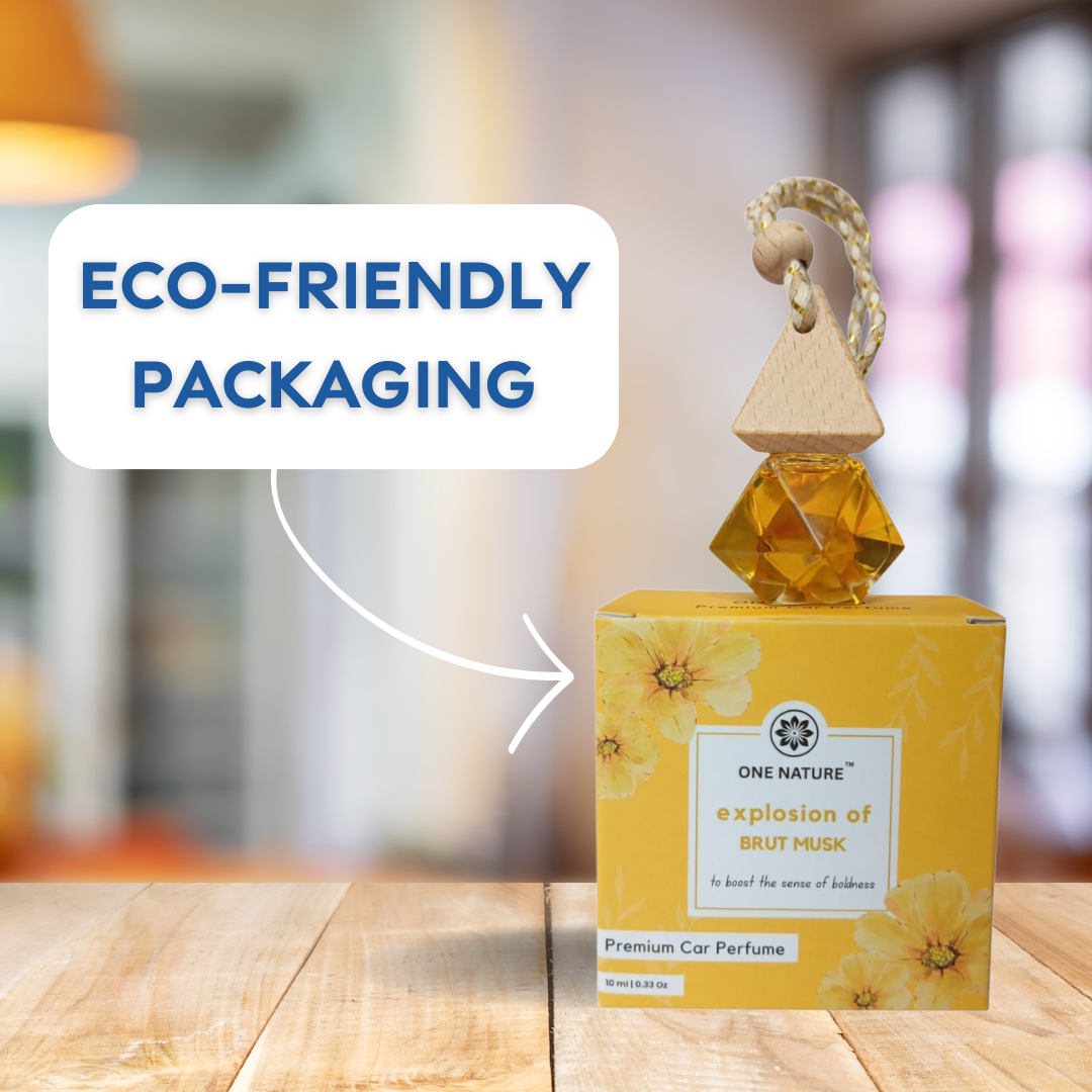 Car perfume with eco-friendly packaging label on a wooden surface