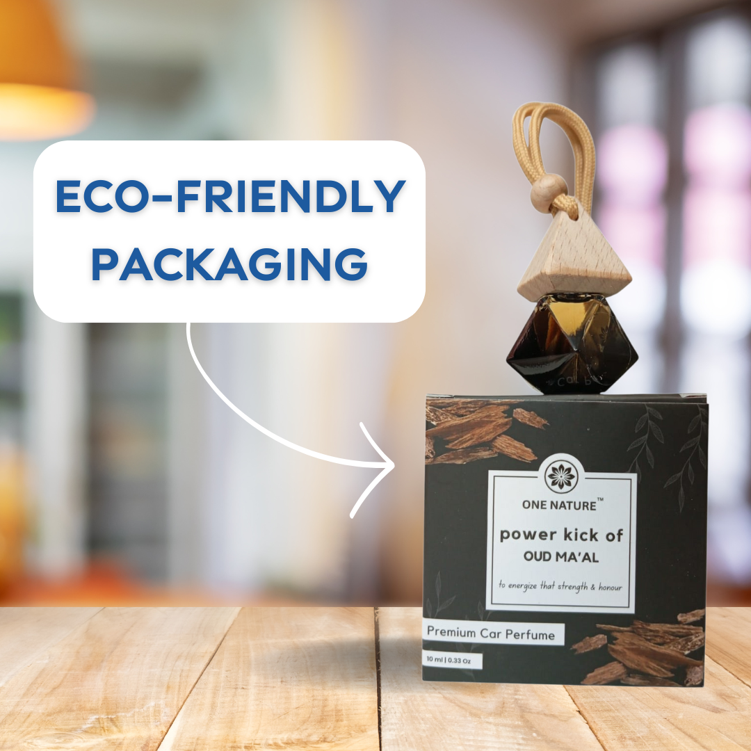Car perfume with eco-friendly packaging label on a wooden surface