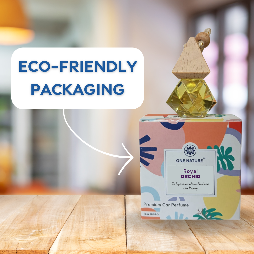 Perfume bottle with colorful packaging and 'Eco-Friendly Packaging' text on a wooden surface.