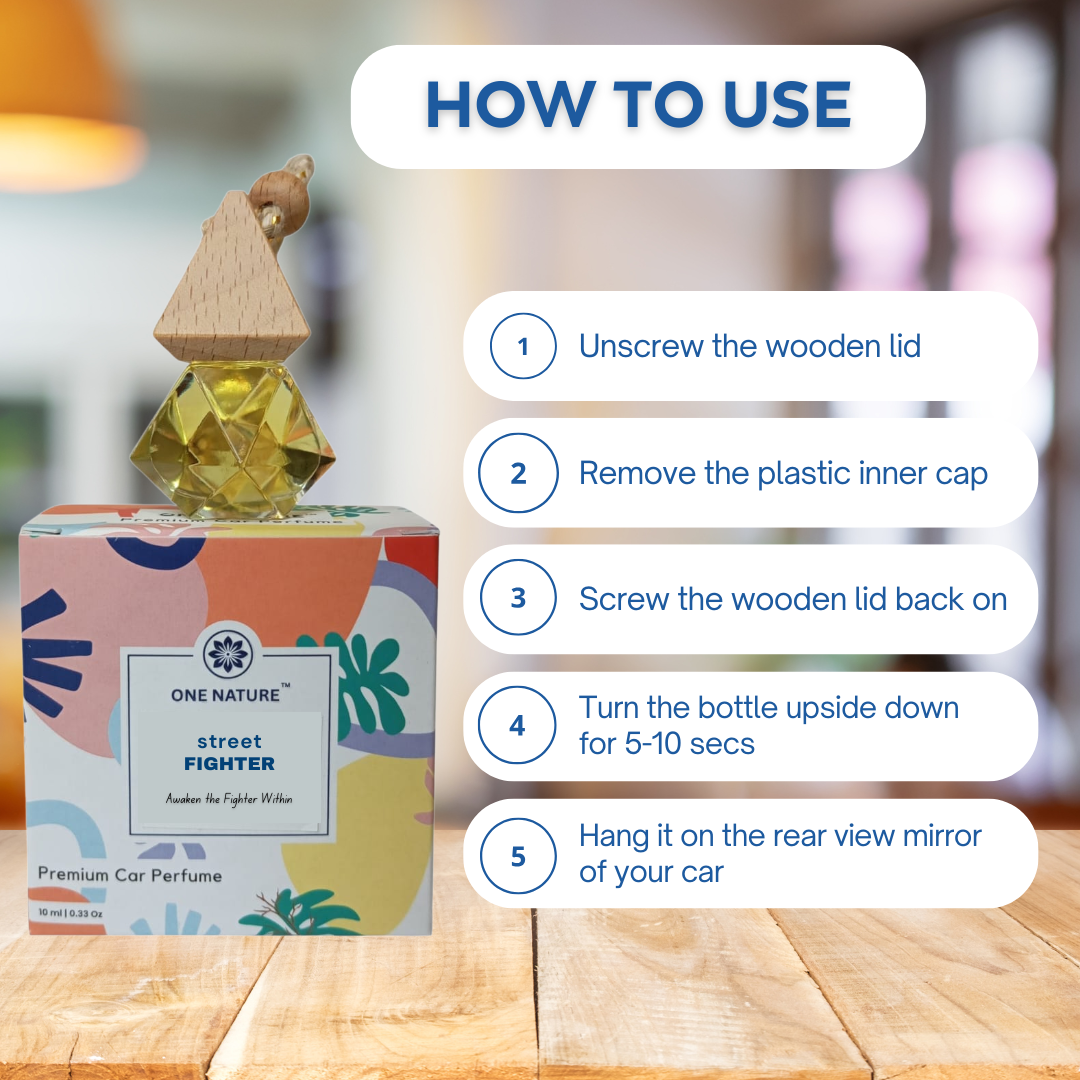 Car perfume bottle with usage instructions on a wooden surface