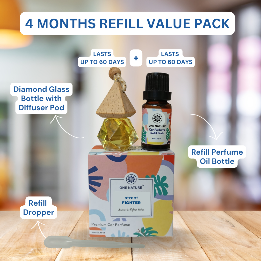 4 Months Refill Value Pack with Diamond Glass Bottle, Diffuser Pod, Refill Perfume Oil Bottle, and Refill Dropper on a wooden surface.
